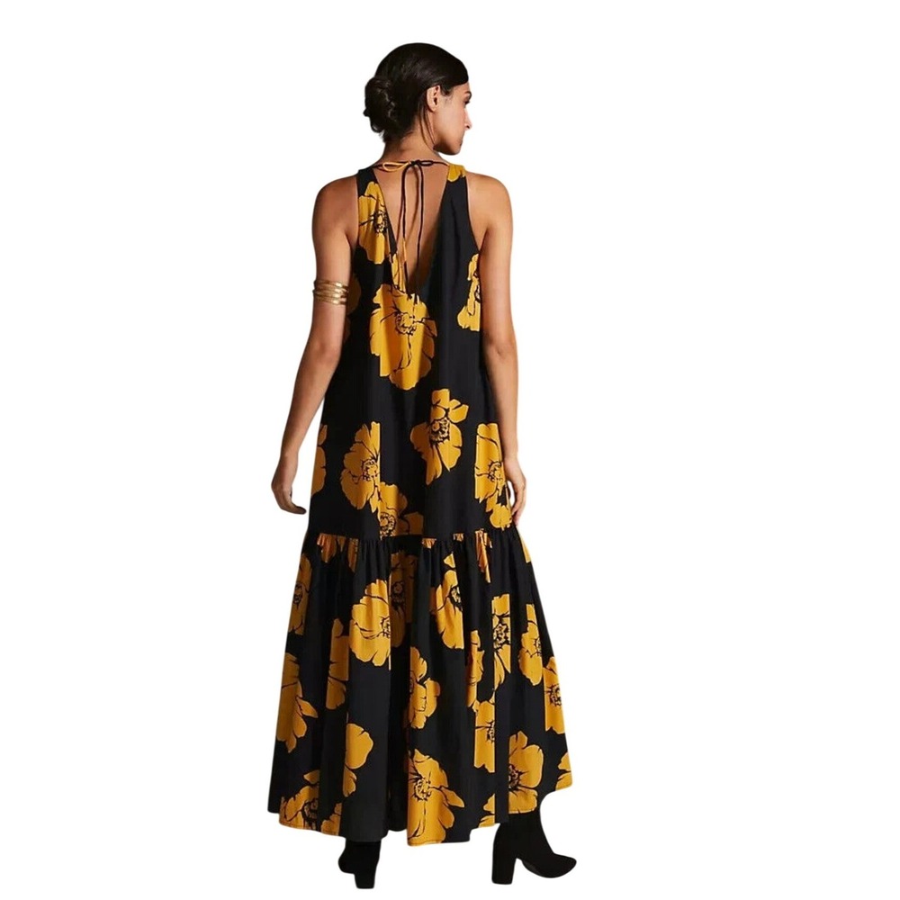 SUNDRY NWOT Black Yellow Floral Print Tiered Square Neck Sleeveless Size 3=12US - Picture 2 of 12
